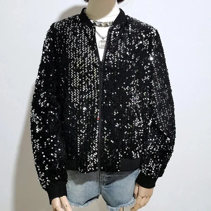 Women Black Sequin Bomber Jacket Loose Stand Collar Casual Velour Coat Zip Up Baseball Jacket