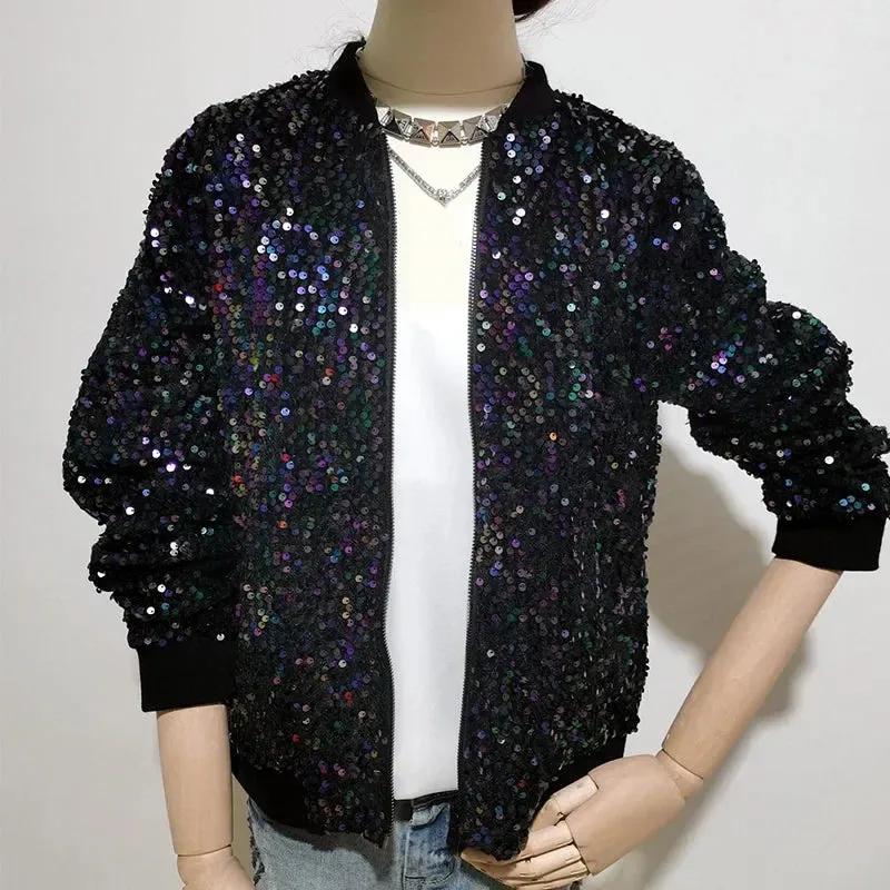 Women Black Sequin Bomber Jacket Loose Stand Collar Casual Velour Coat Zip Up Baseball Jacket