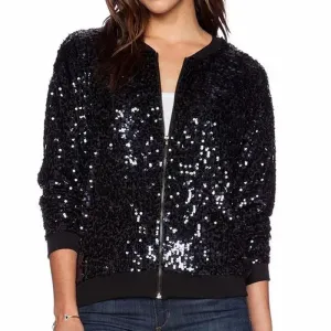 Women Black Sequin Bomber Jacket Loose Stand Collar Casual Velour Coat Zip Up Baseball Jacket