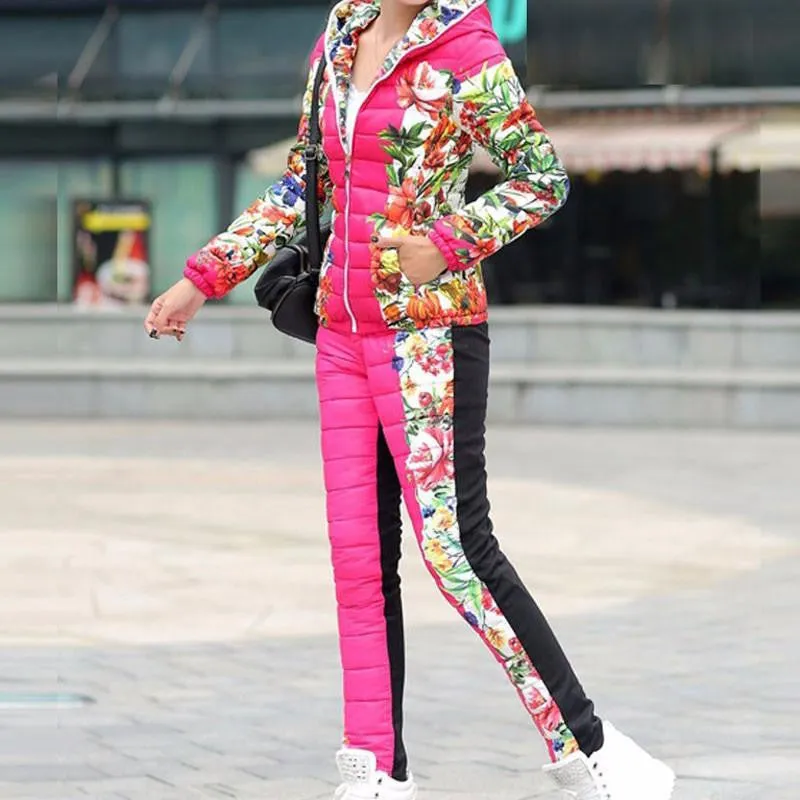 Women Casual Flower Printed Hooded Warm Basic Parka Suits (Coat Pants Sets ) Outwear