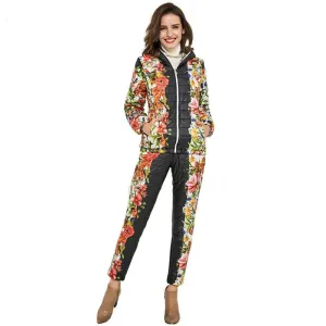 Women Casual Flower Printed Hooded Warm Basic Parka Suits (Coat Pants Sets ) Outwear