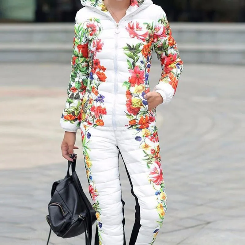 Women Casual Flower Printed Hooded Warm Basic Parka Suits (Coat Pants Sets ) Outwear