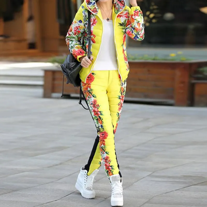 Women Casual Flower Printed Hooded Warm Basic Parka Suits (Coat Pants Sets ) Outwear