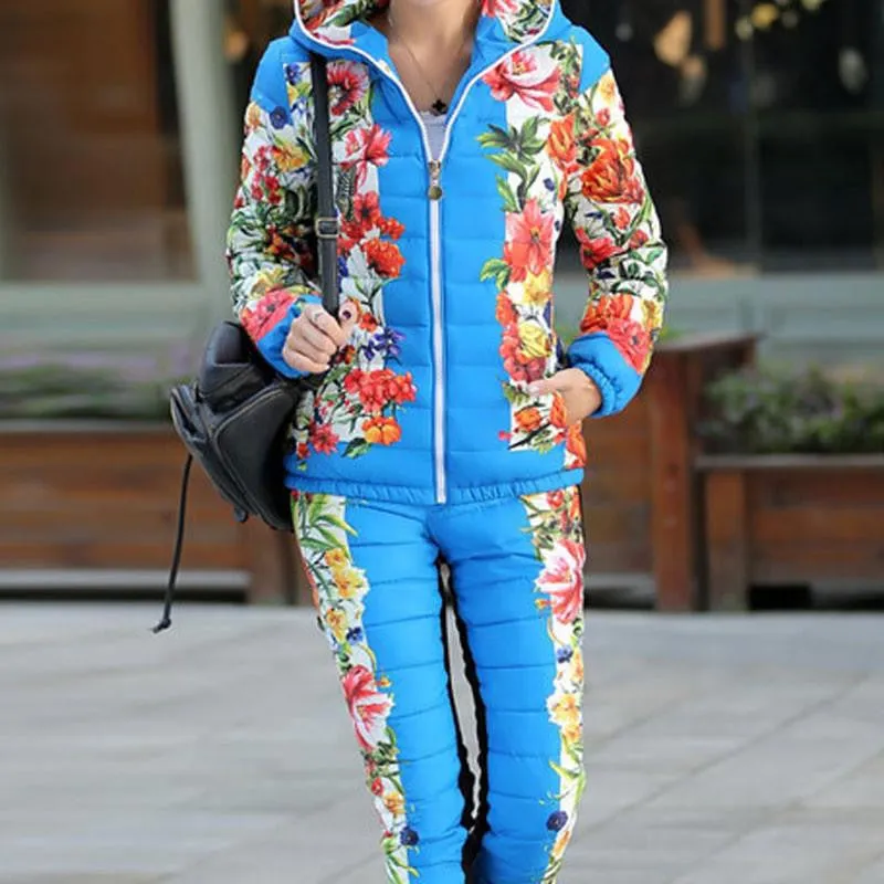 Women Casual Flower Printed Hooded Warm Basic Parka Suits (Coat Pants Sets ) Outwear