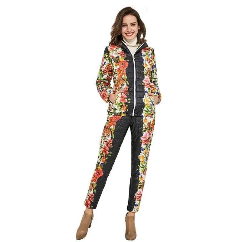 Women Casual Flower Printed Hooded Warm Basic Parka Suits (Coat Pants Sets ) Outwear