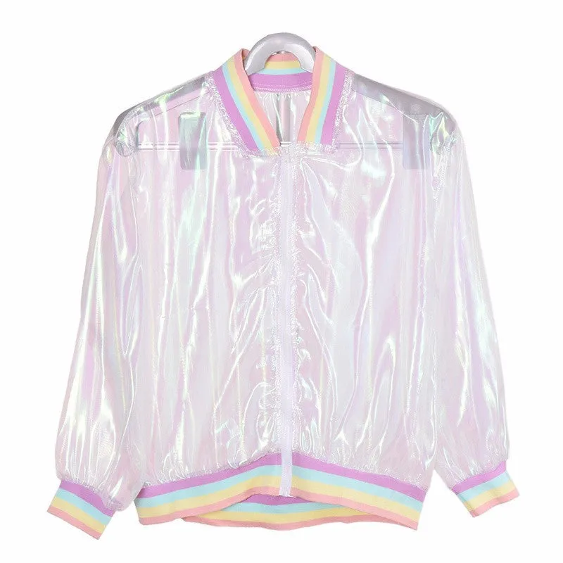 Women Jacket Laser Rainbow Symphony Hologram Women Basic Coat Clear Iridescent Transparent Bomber Jacket Sunproof