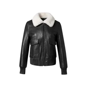 Women™s Black Leather Bomber Jacket - Genuine Leather, Fur Collar, Zip Closure