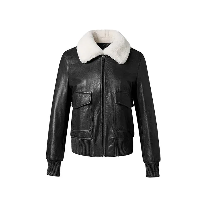 Women™s Black Leather Bomber Jacket - Genuine Leather, Fur Collar, Zip Closure