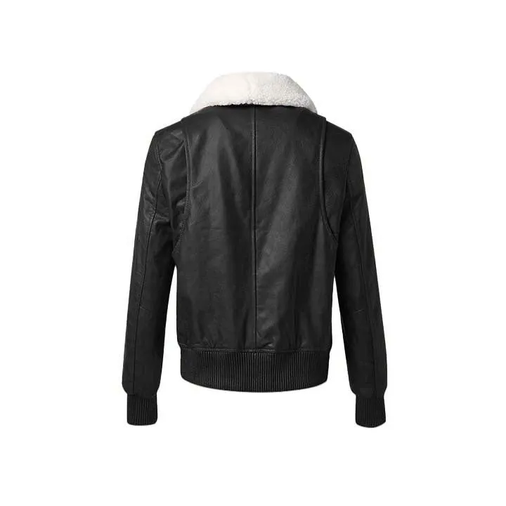 Women™s Black Leather Bomber Jacket - Genuine Leather, Fur Collar, Zip Closure