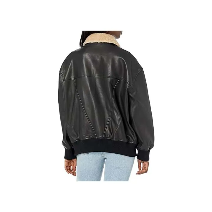 Women™s Blaze Black Leather Bomber Jacket - Genuine Leather, Fur Collar, Ribbed Knit Waist & Cuffs, Zip & Snap Closure