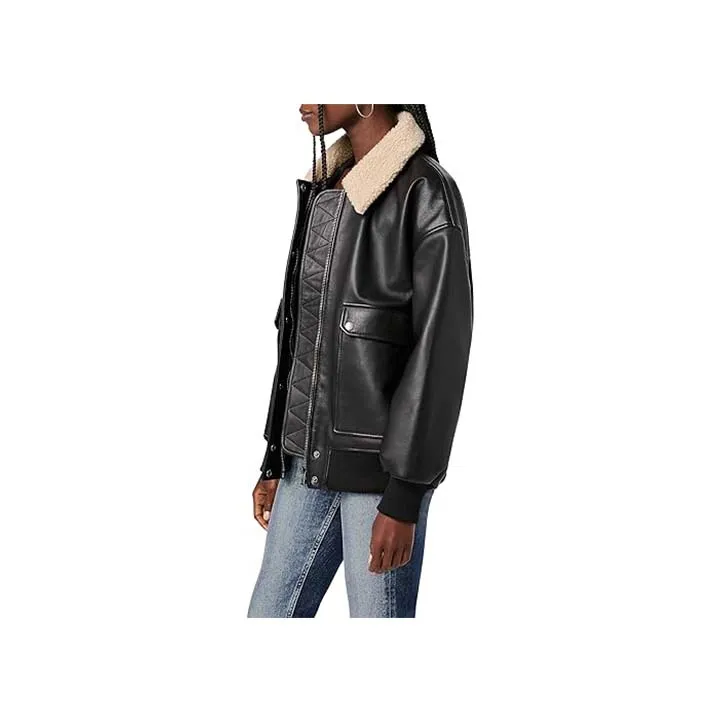 Women™s Blaze Black Leather Bomber Jacket - Genuine Leather, Fur Collar, Ribbed Knit Waist & Cuffs, Zip & Snap Closure
