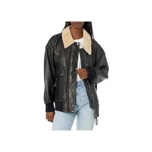 Women™s Blaze Black Leather Bomber Jacket - Genuine Leather, Fur Collar, Ribbed Knit Waist & Cuffs, Zip & Snap Closure