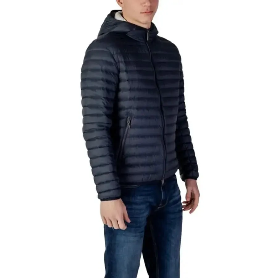 Women's Blue Nylon Hooded Blazer with Zip and Pockets