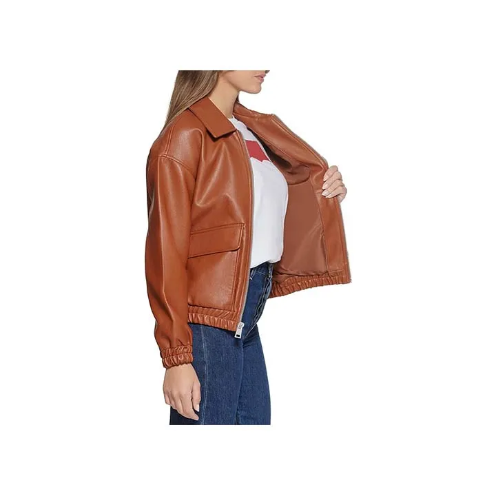 Women™s Brown Leather Bomber Jacket - Genuine Leather, Zip Closure