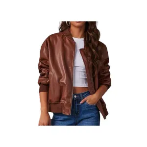 Women™s Brown Leather Bomber Jacket - Genuine Leather, Zip Closure
