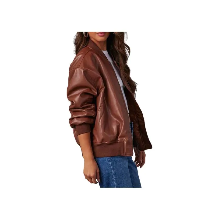 Women™s Brown Leather Bomber Jacket - Genuine Leather, Zip Closure