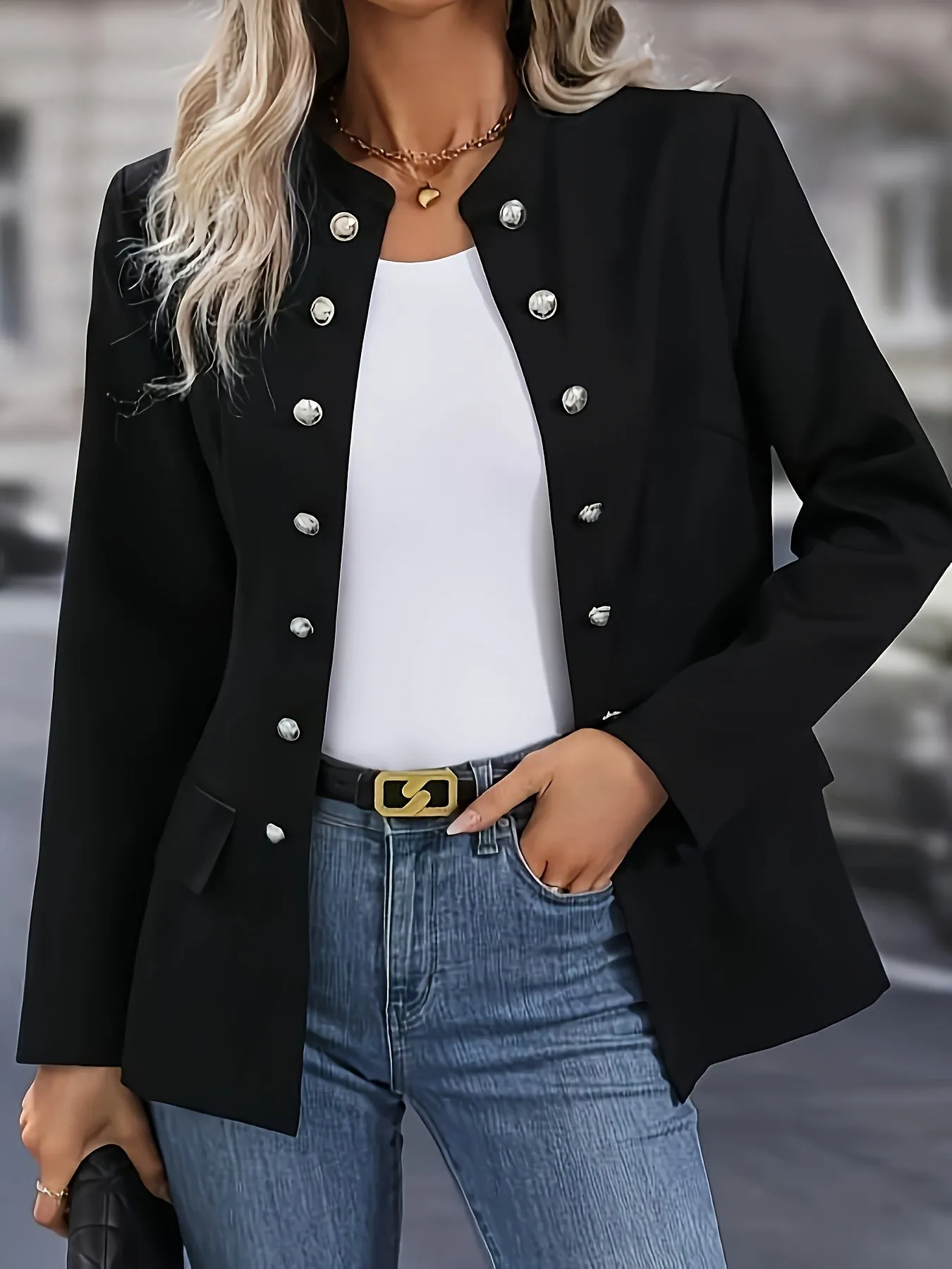 Women's Elegant Double-Breasted Blazer - Stylish Long Sleeve Jacket with Flap Pockets, Black Polyester Outerwear for Office or Casual Chic Looks, Office Wear Jacket | Doublebreasted Jacket | Polyester Blazer