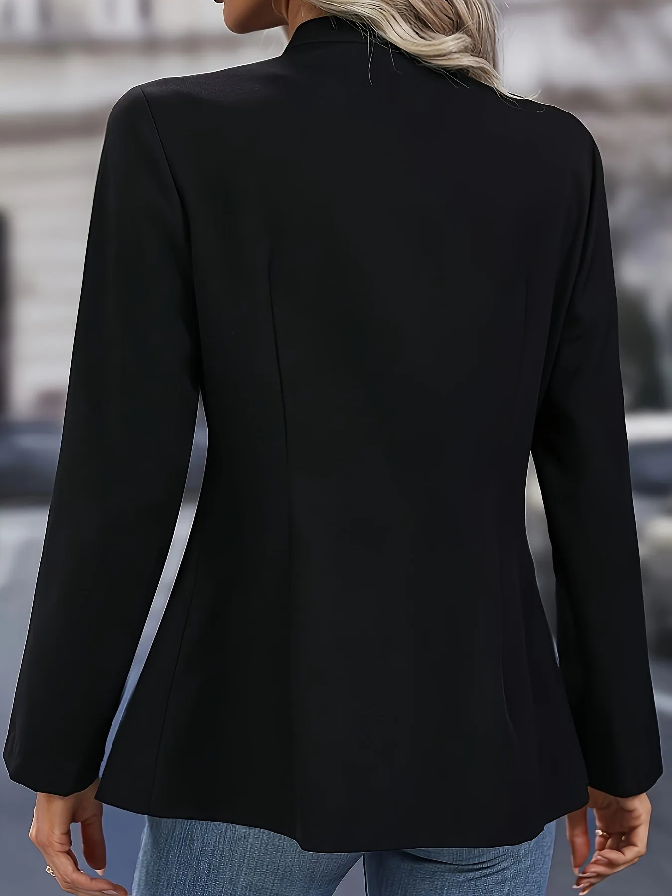 Women's Elegant Double-Breasted Blazer - Stylish Long Sleeve Jacket with Flap Pockets, Black Polyester Outerwear for Office or Casual Chic Looks, Office Wear Jacket | Doublebreasted Jacket | Polyester Blazer