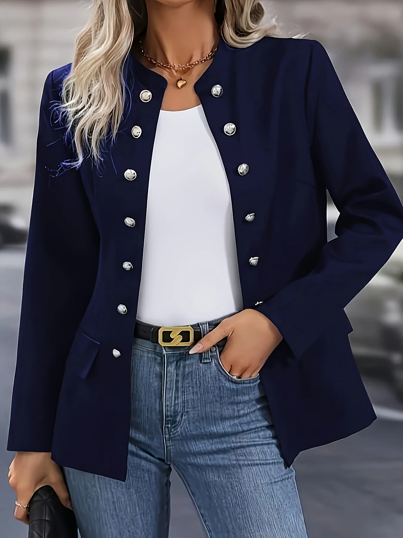 Women's Elegant Double-Breasted Blazer - Stylish Long Sleeve Jacket with Flap Pockets, Black Polyester Outerwear for Office or Casual Chic Looks, Office Wear Jacket | Doublebreasted Jacket | Polyester Blazer