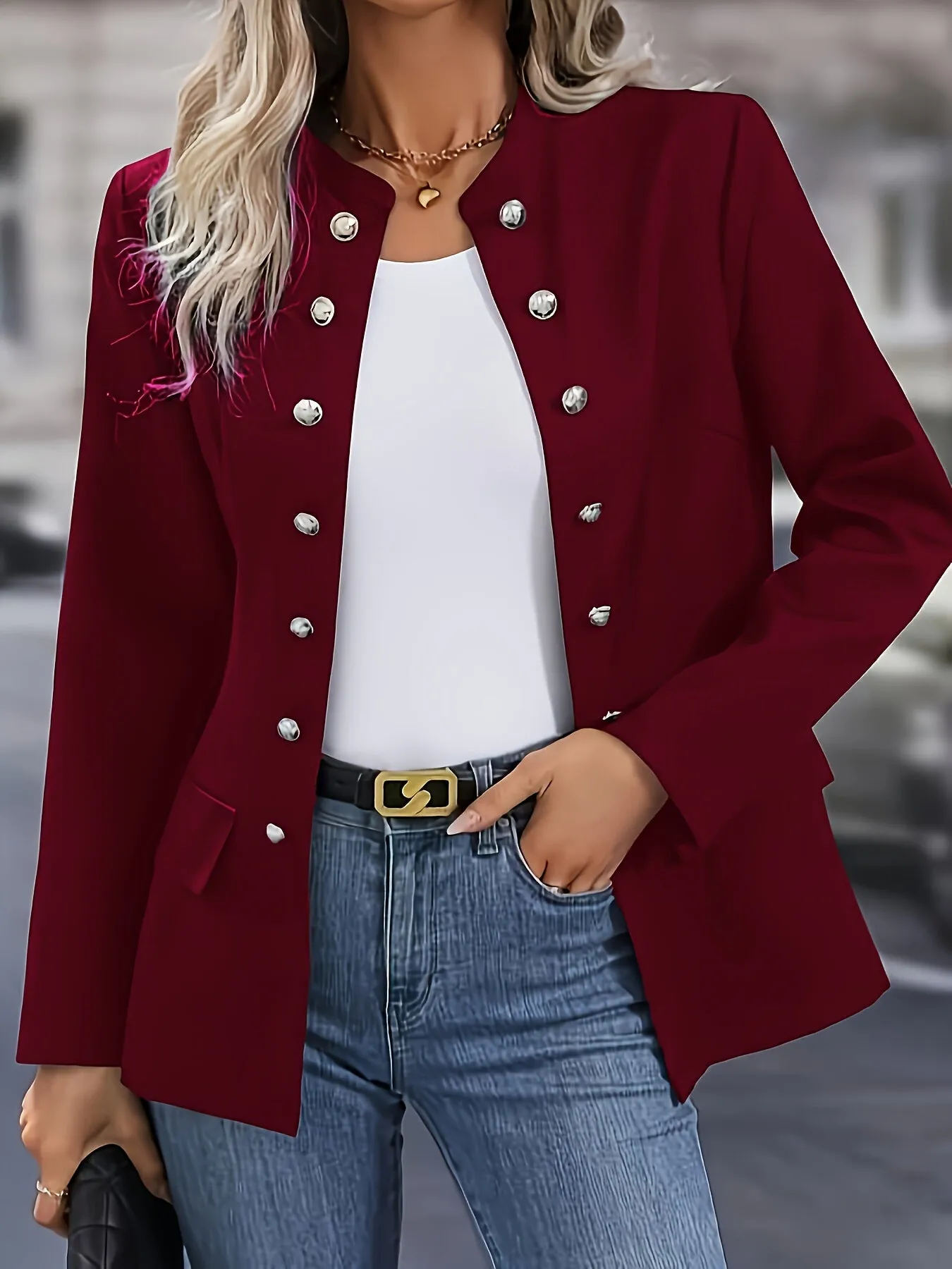 Women's Elegant Double-Breasted Blazer - Stylish Long Sleeve Jacket with Flap Pockets, Black Polyester Outerwear for Office or Casual Chic Looks, Office Wear Jacket | Doublebreasted Jacket | Polyester Blazer