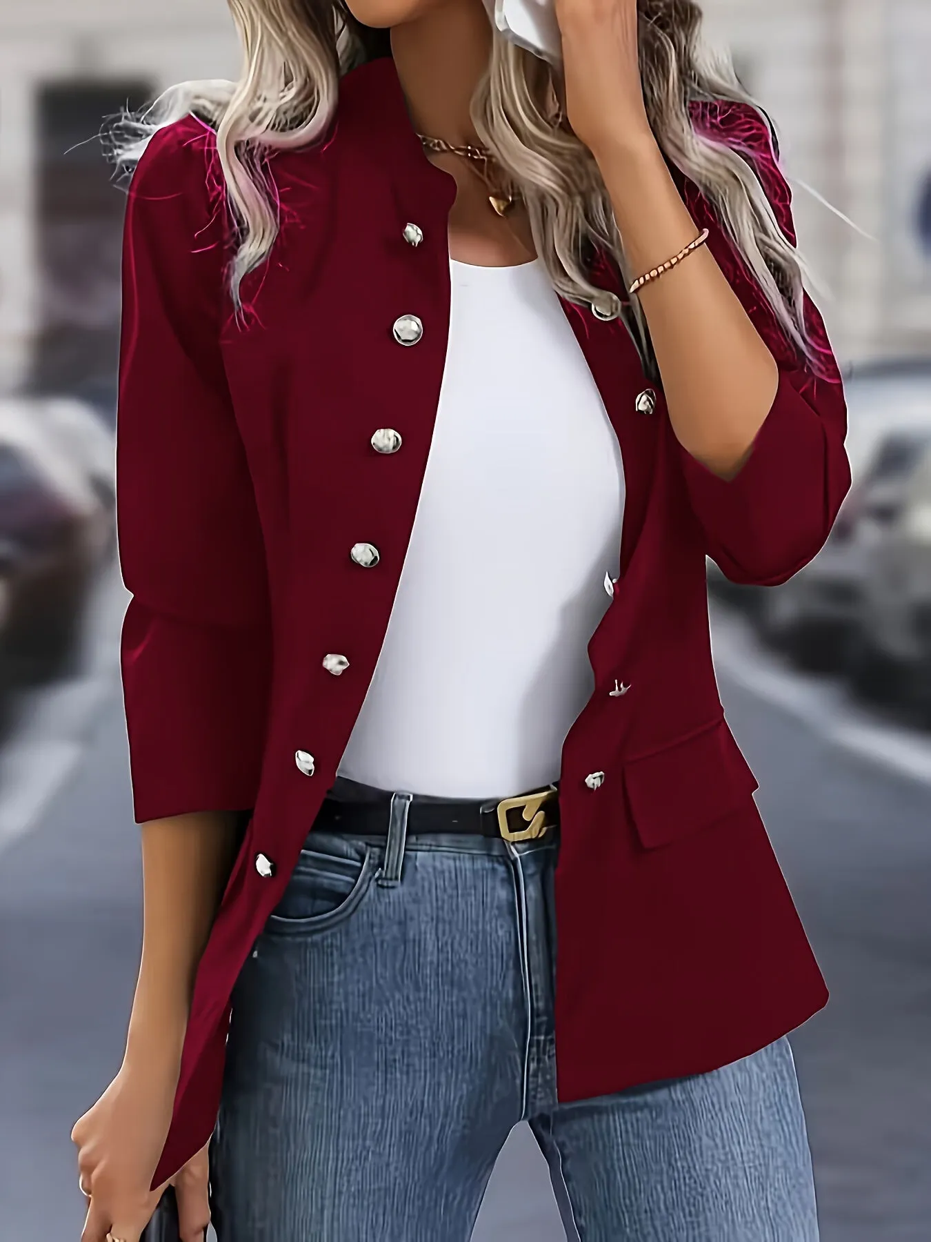 Women's Elegant Double-Breasted Blazer - Stylish Long Sleeve Jacket with Flap Pockets, Black Polyester Outerwear for Office or Casual Chic Looks, Office Wear Jacket | Doublebreasted Jacket | Polyester Blazer