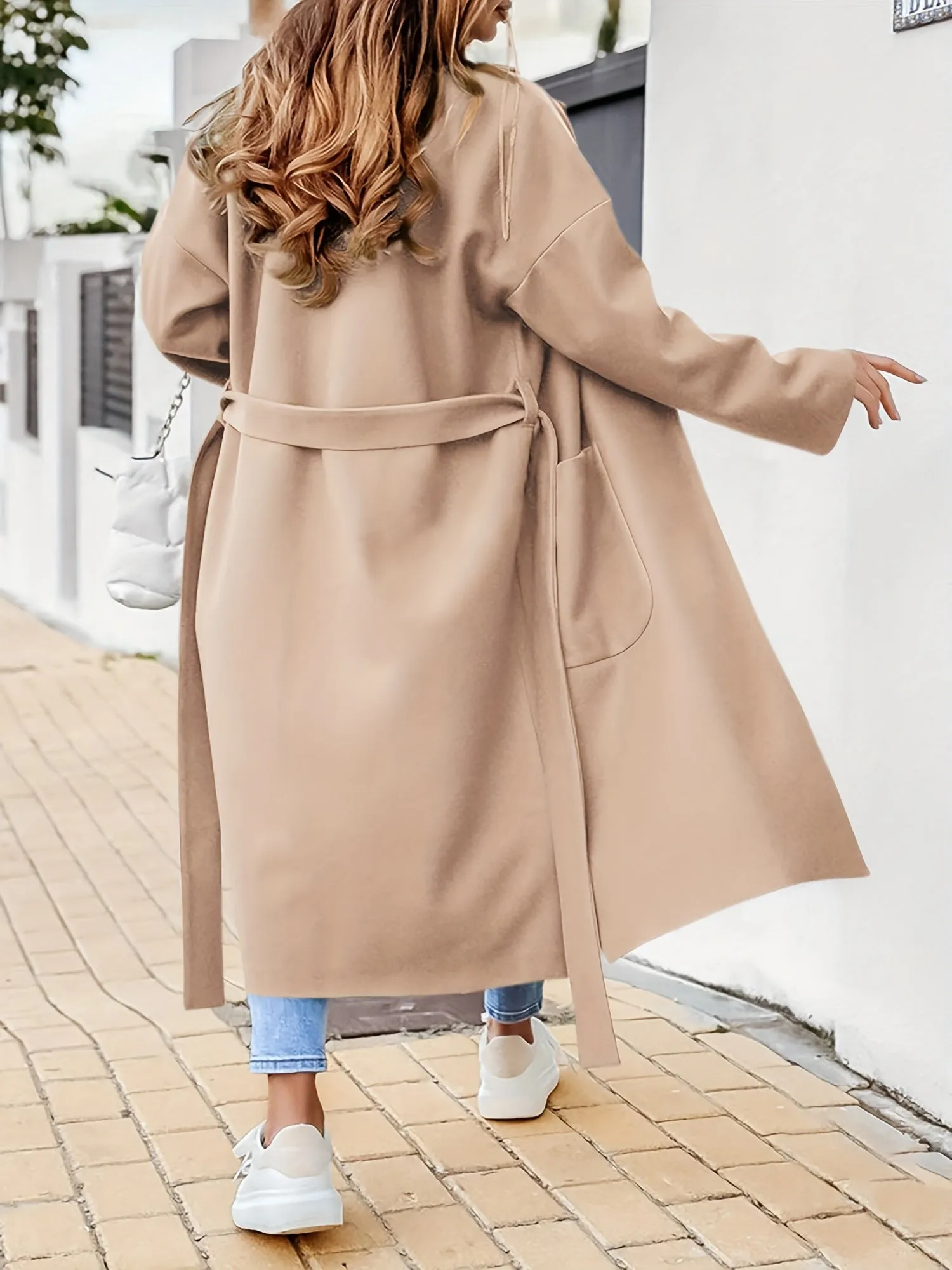 Womens Lapel Collar Pea Coat Open Front Overcoat Belted Long Jacket Outerwear