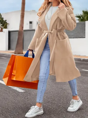 Womens Lapel Collar Pea Coat Open Front Overcoat Belted Long Jacket Outerwear