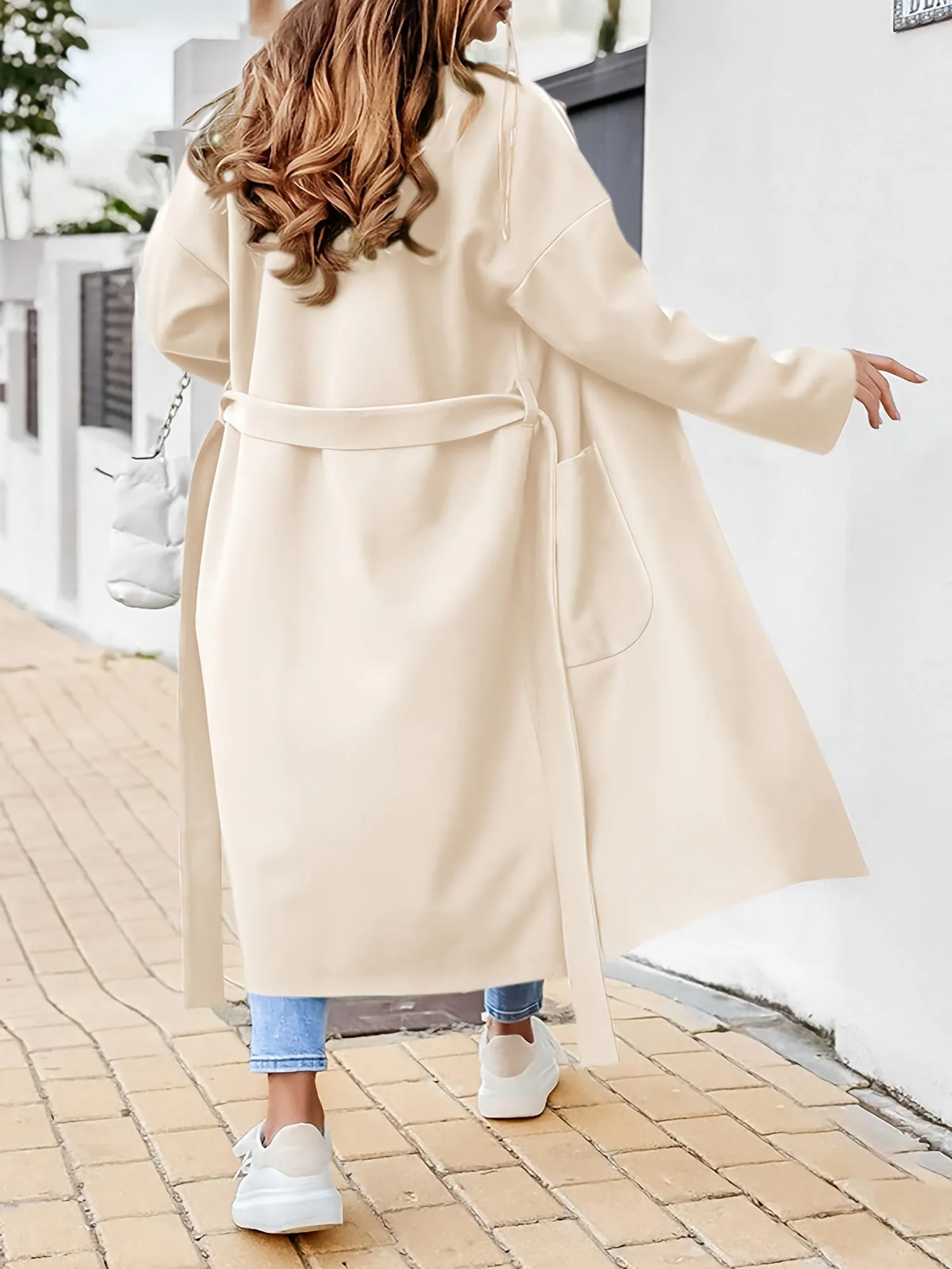 Womens Lapel Collar Pea Coat Open Front Overcoat Belted Long Jacket Outerwear