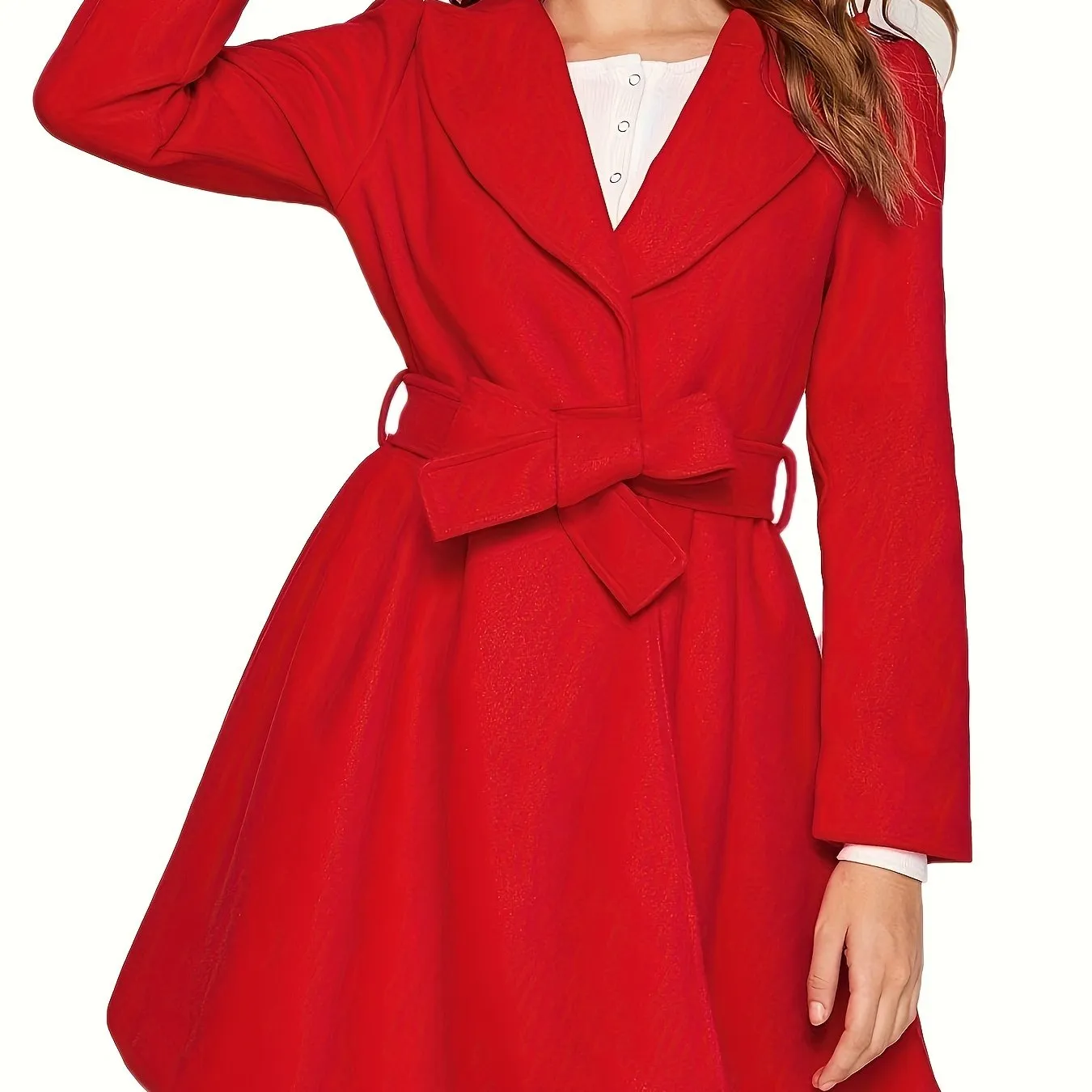 Womens Notch Lapel Puff Sleeve Pea Coat with Belt