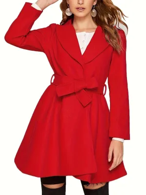 Womens Notch Lapel Puff Sleeve Pea Coat with Belt