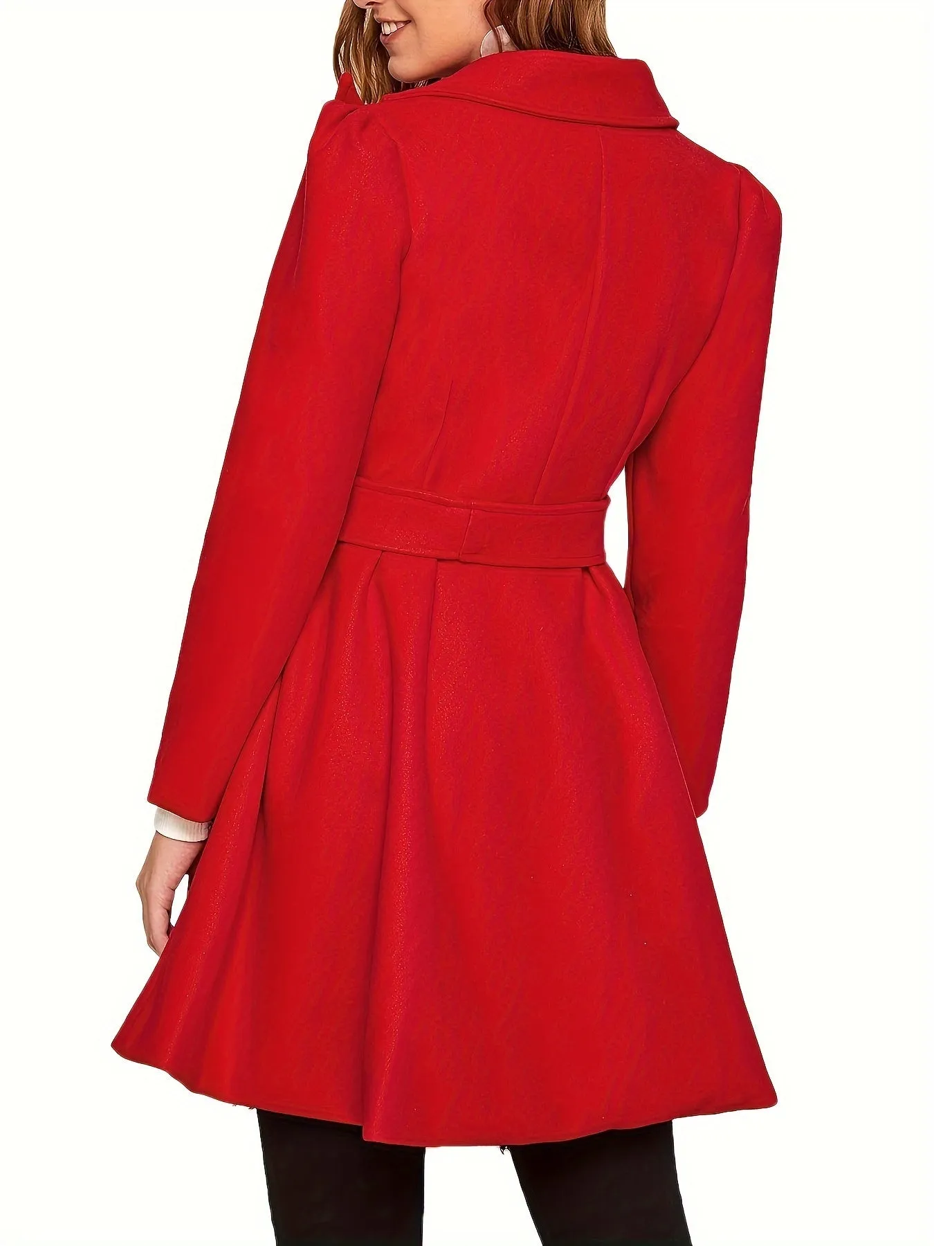 Womens Notch Lapel Puff Sleeve Pea Coat with Belt